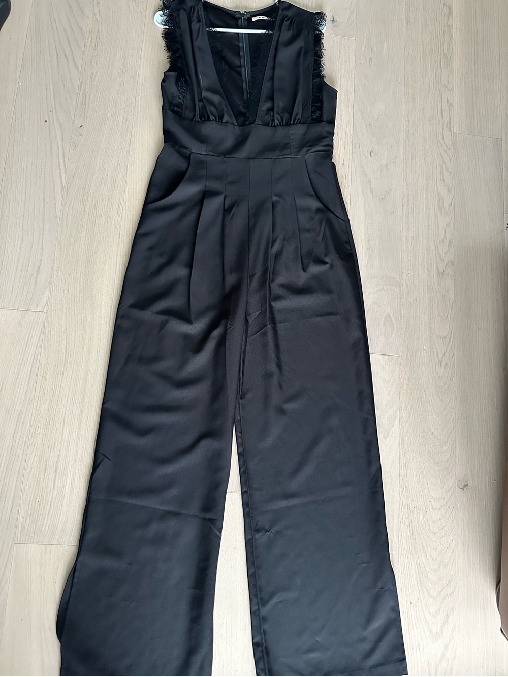 Machine Black Wide-Leg V-Neck Jumpsuit with Frayed Shoulder Detail